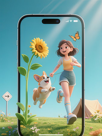 Girl playing with her dog in front of a mobile phone, illustration