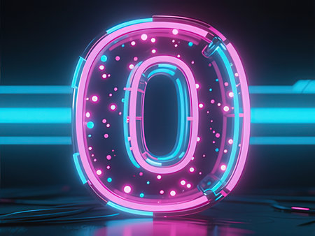 neon number 0 on dark background. 3d rendering toned imageの写真素材