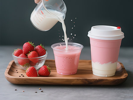 Strawberry smoothie with milk in a glass on a wooden tray