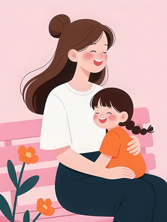 Mother and daughter sitting on bench. Motherhood concept. Vector illustration.の写真素材