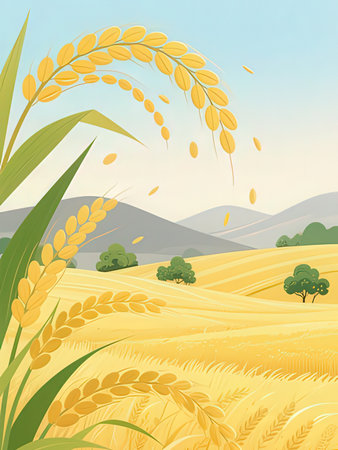 Rice field vector illustration. Ripe ears of rice in the field.の写真素材