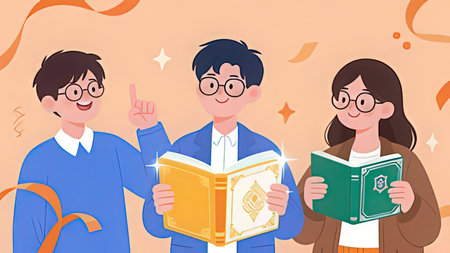 Group of students reading books. Vector illustration in flat cartoon style.