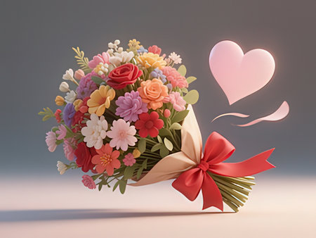 Bouquet of colorful flowers and hearts. 3d illustration.の写真素材