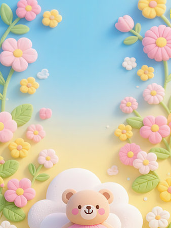 Cute teddy bear and flower frame on blue sky background.の写真素材