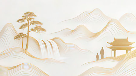 Chinese zen art landscape, traditional japanese paper cut styleの写真素材