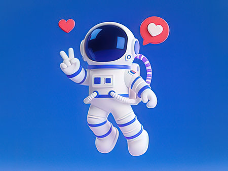 3D Render of Astronaut with heart-shaped speech bubble on blue background