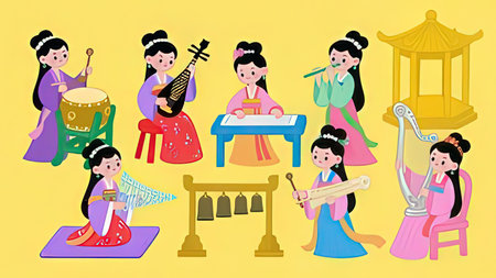 Japanese girls playing musical instruments. Set of vector illustrations isolated on yellow background.の写真素材