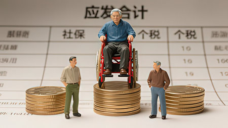 Miniature people : Senior man in wheelchair standing on stack of coins with calendar background.の写真素材