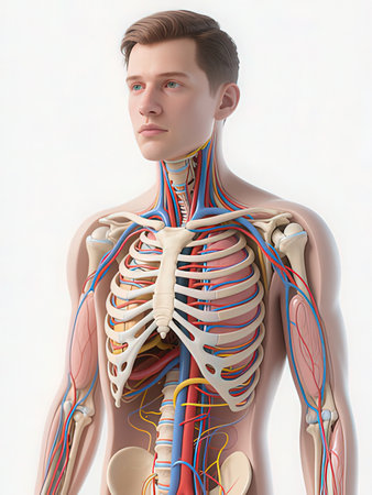 3d rendered illustration of male body with skeleton and circulatory systemの写真素材