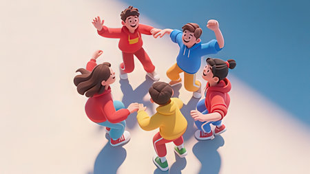 3d illustration of a group of children playing together on white backgroundの写真素材