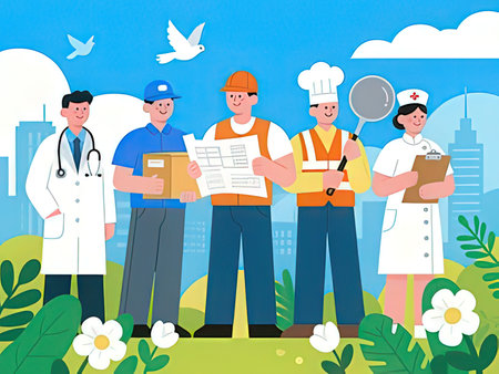 Vector illustration of a group of workers on the background of the cityの写真素材