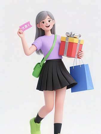 Girl with gift box and shopping bag on white background. 3d rendering.の写真素材