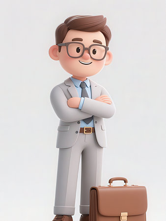 3d illustration of businessman standing with his briefcase over gray backgroundの写真素材