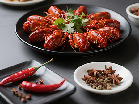 Boiled crayfish on black plate with chili pepper and corianderの写真素材