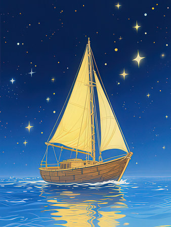 Sailboat in the sea at night. Vector illustration of a sailboat.の写真素材