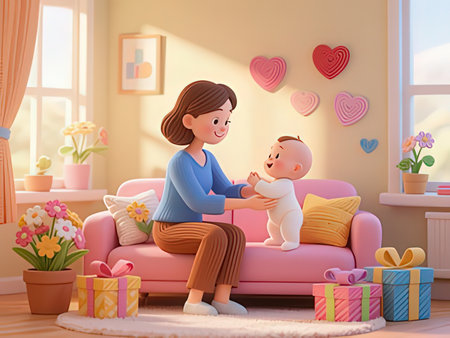 Mother playing with her baby in a room decorated for Valentine's Dayの写真素材