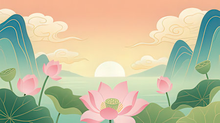 Beautiful background with lotus flowers and clouds. Vector illustration.の写真素材