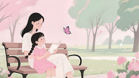 Mother and daughter reading a book together in the park. Vector illustration.の写真素材