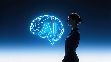 AI artificial intelligence concept with glowing human brain on blue background. 3D Renderingの写真素材