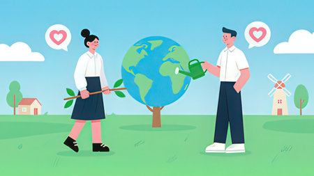 Man and woman watering the planet with a watering can. Vector illustration.の写真素材