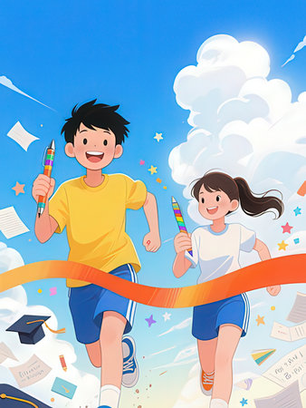 Happy schoolboy and schoolgirl running at the finish line. Vector illustration.の写真素材