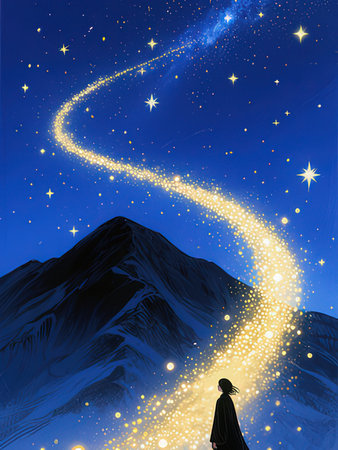 Silhouette of a muslim woman on the background of the starry skyの写真素材
