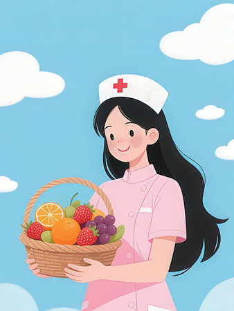 Nurse holding a basket of fresh fruits on blue sky background.の写真素材