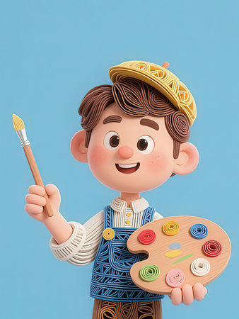 3d illustration of a cute cartoon boy holding a palette and brushの写真素材