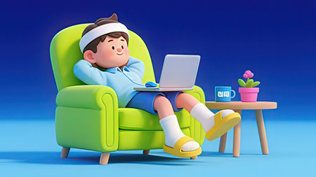 3d illustration of a boy sitting in an armchair with a laptopの写真素材