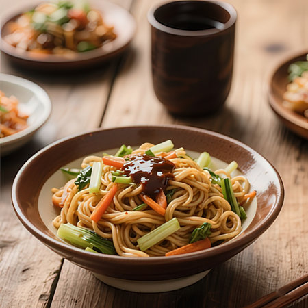 chinese noodles with vegetables and kimchi on wooden table, closeupの写真素材