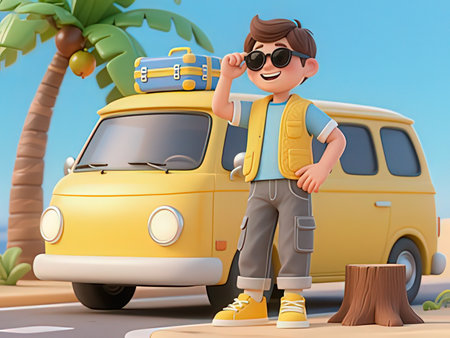 3D illustration of a young man with sunglasses standing in front of a van
