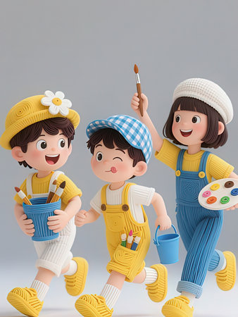 3d illustration of children holding paintbrushes and paint bucket.