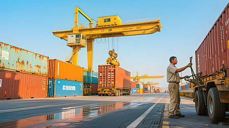 Cargo container terminal for loading and unloading of bulk cargo by ship cranes and tugboats.