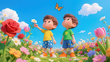 3D illustration of a boy and a girl standing in the gardenの写真素材