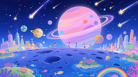 Cartoon illustration of planets in outer space. Colorful vector background.の写真素材