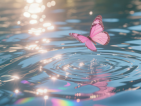 Butterfly on water surface with sunbeams and lens flareの写真素材