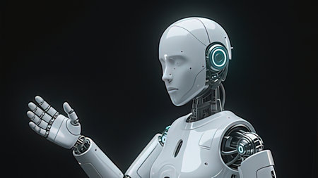 Robot humanoid talking on the phone. Artificial intelligence concept. 3D rendering.の写真素材