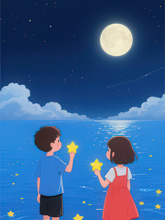Boy and girl playing star on the sea at night. Vector illustration