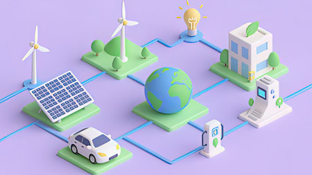 Green energy isometric concept. Solar panels, wind turbines, solar panels, electric car and car charging station. 3d renderingの写真素材