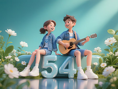 3D rendering of a young couple sitting on a blue object with a guitar