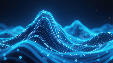 3D illustration of abstract background with blue particles wave flow. Big data visualization.の写真素材