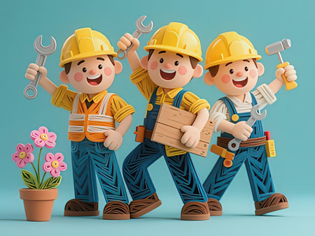 3D illustration of a happy family of builders with tools and flowersの写真素材