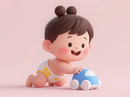 3d illustration of a cute baby girl playing with a toy carの写真素材