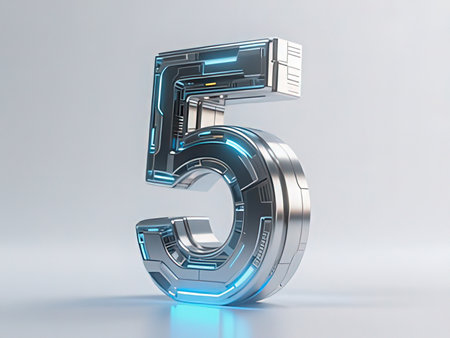 3d render of metallic number 5 on white background with blue lightの写真素材