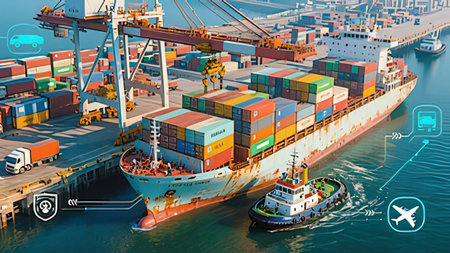 Container Cargo freight ship with working crane bridge and import export background,3d rendering