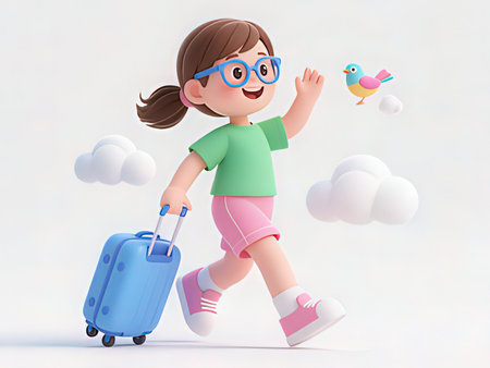 3d illustration of little girl with travel bag and bird in the skyの写真素材