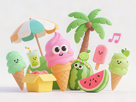 Ice cream and watermelon concept. Cute cartoon ice cream character set. Vector illustration