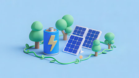Renewable energy concept. Renewable battery and solar panels on blue background.の写真素材