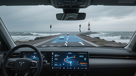 View from the inside of a modern car with a view of the sea and the road.の写真素材