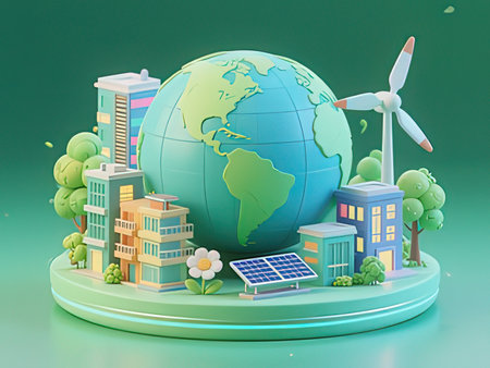 Green city with wind turbines and solar panels. 3D illustration.の写真素材